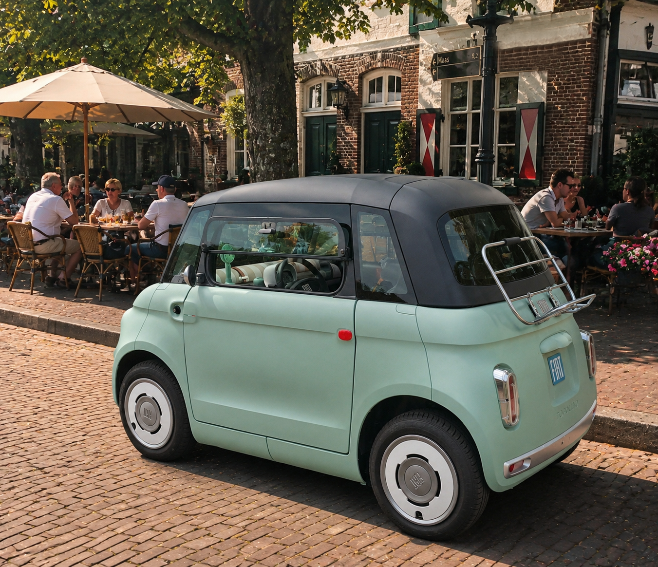 Fiat Topolino op een gezellig terras